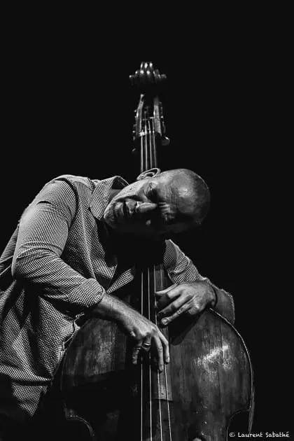 'Arvoles' - Avishai Cohen with double bass (black and white photo)